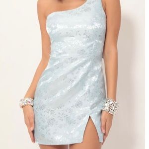 Liana Satin Jacquard Shoulder Dress in Blue